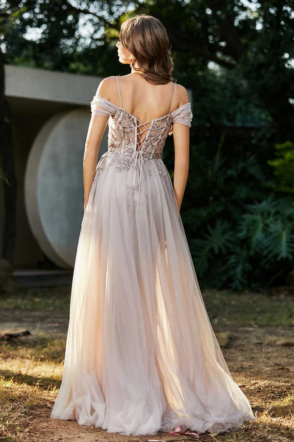 Wholesale Elegant Beaded A-Line Prom Dresses Off the Shoulder Tulle Dress Evening Dress