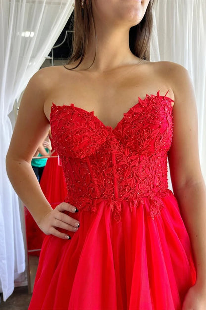 Wholesa Red Tulle Appliques Sweetheart Ruffle Long Prom Dress