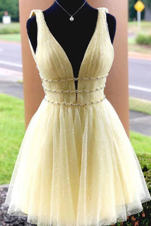 Wholesale A Line Graduation Dresses Tulle V Neck Homecoming Dress With Beading