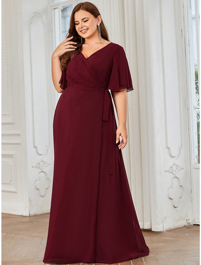 Wholesale A-Line Bridesmaid Dress V Neck Short Sleeve Elegant Floor Length Chiffon with Ruffles / Draping / Bandage