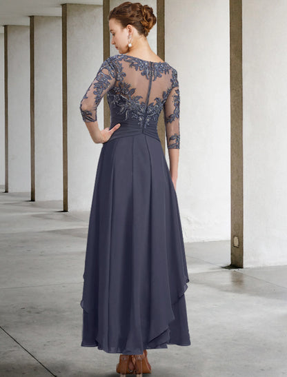 Wholesale A-Line Mother of the Bride Dress Fall Wedding Guest Plus Size Elegant Jewel Neck Ankle Length Chiffon Lace 3/4 Length Sleeve with Ruched Sequin Appliques