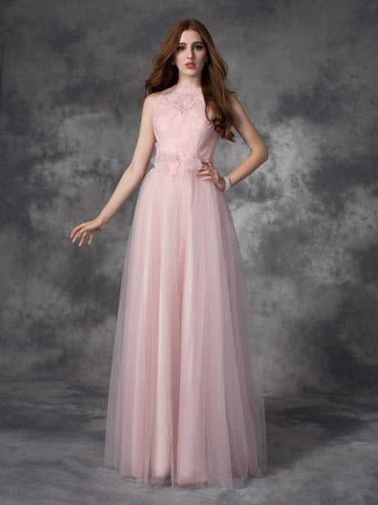 Wholesa A-line/Princess Bateau Hand-Made Flower Sleeveless Long Net Dresses