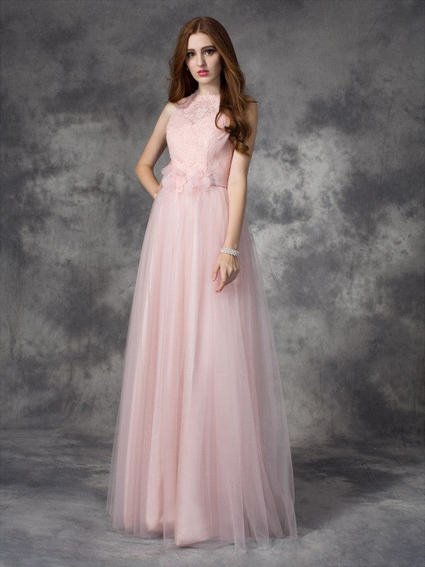 Wholesa A-line/Princess Bateau Hand-Made Flower Sleeveless Long Net Dresses