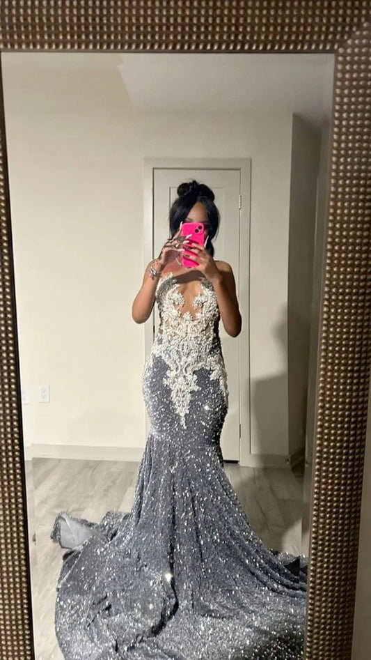 Wholesale Elegant Gray Dress For Formal Sequin Mermaid Long Prom Dress Lace Black Girl Evening Gown