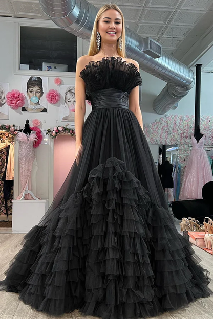 Wholesale A-Line Evening Dress Strapless Pink Tiered Long Tulle Prom Dress