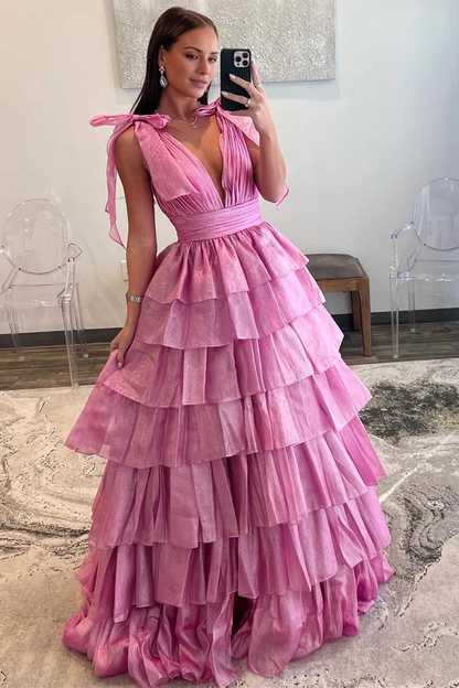 Wholesale Glitter Tie Straps Pink Plunging Neck Tiered Long Prom Dress