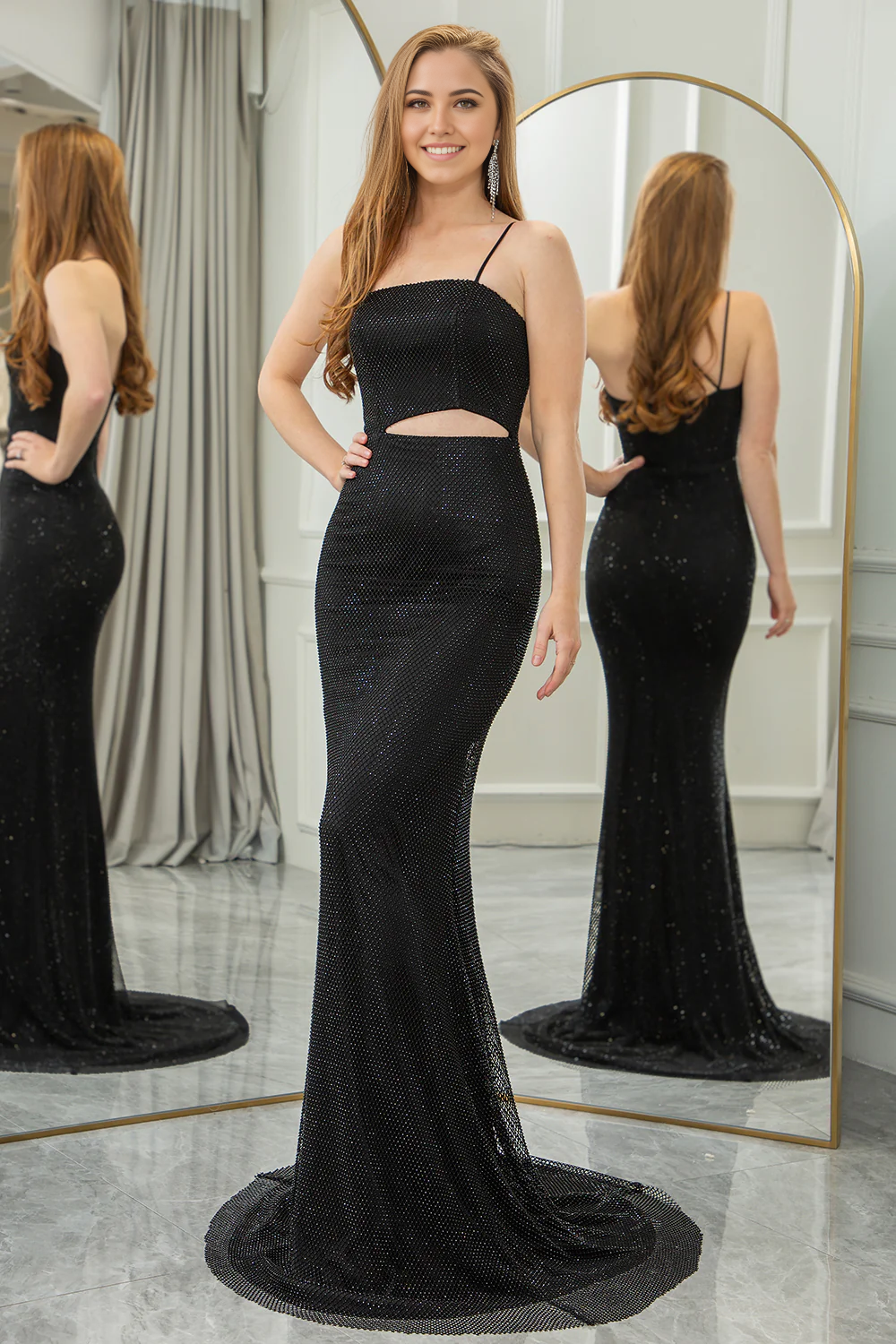 Wholesale Mermaid Evening Dress Spaghetti Straps Cut Out Long Prom Dress Glitter Black