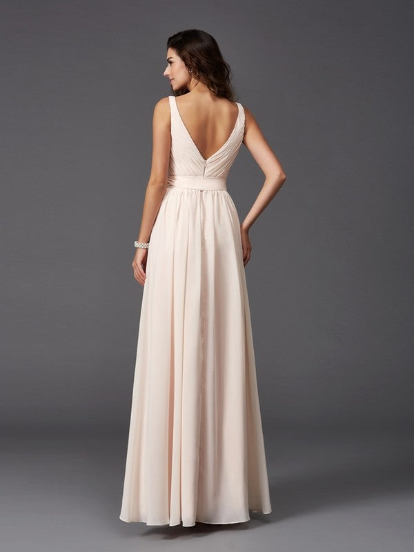 Wholesa A-Line/Princess Straps Sash/Ribbon/Belt Sleeveless Long Chiffon Bridesmaid Dresses