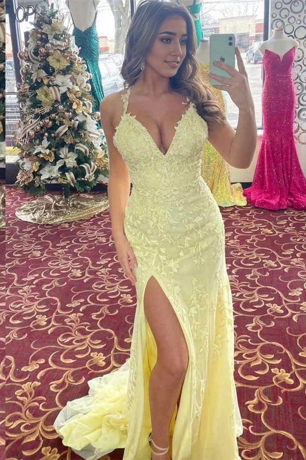 Wholesale Elegant Evening Dress V-Neck Light Yellow long Prom Dress with Lace Appliques