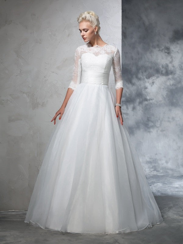 Wholesa  Ball Gown Jewel Applique 3/4 Sleeves Long Organza Wedding Dresses