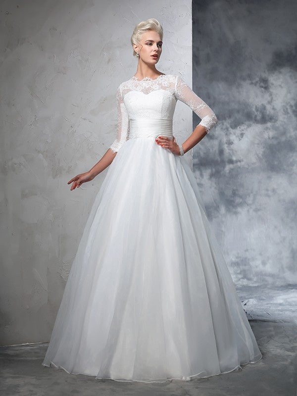 Wholesa  Ball Gown Jewel Applique 3/4 Sleeves Long Organza Wedding Dresses