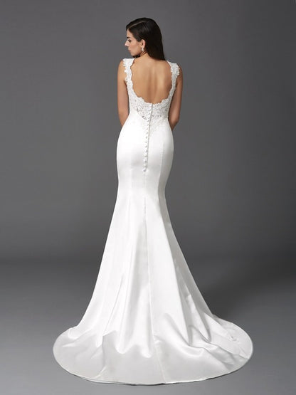 Wholesa  Trumpet/Mermaid Straps Beading Sleeveless Long Satin Wedding Dresses