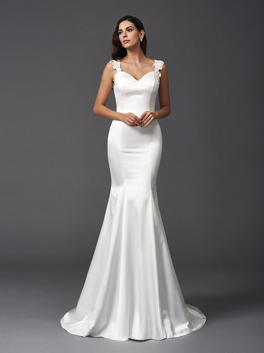 Wholesa  Trumpet/Mermaid Straps Beading Sleeveless Long Satin Wedding Dresses