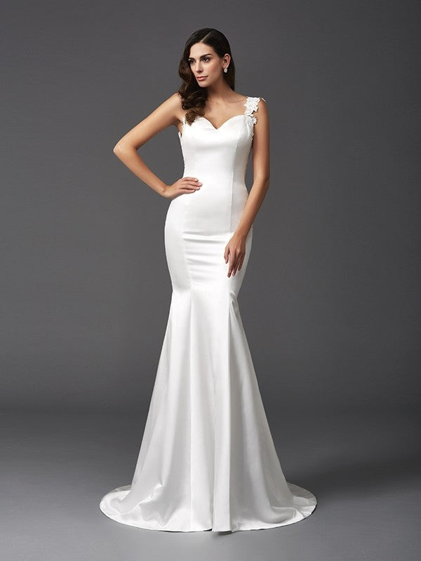 Wholesa  Trumpet/Mermaid Straps Beading Sleeveless Long Satin Wedding Dresses