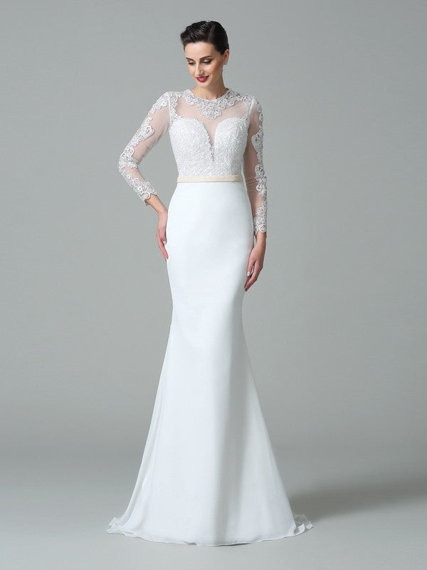 Wholesa  Trumpet/Mermaid Jewel Lace Long Sleeves Long Chiffon Wedding Dresses