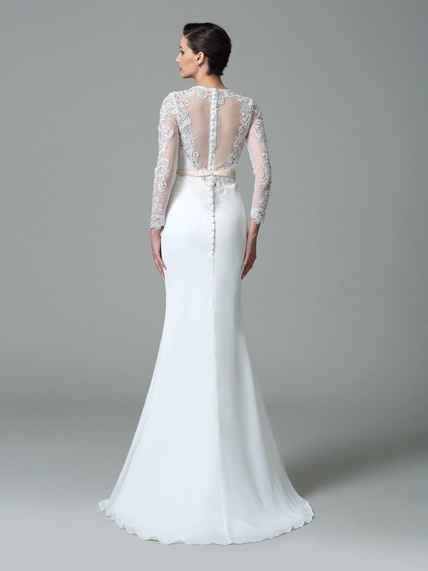 Wholesa  Trumpet/Mermaid Jewel Lace Long Sleeves Long Chiffon Wedding Dresses