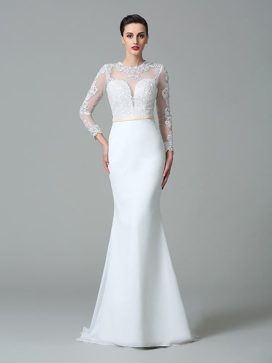 Wholesa  Trumpet/Mermaid Jewel Lace Long Sleeves Long Chiffon Wedding Dresses