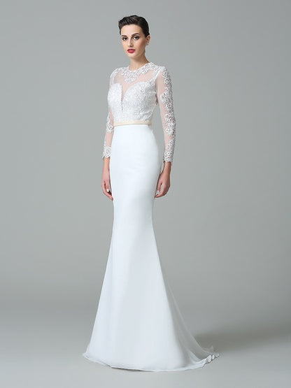 Wholesa  Trumpet/Mermaid Jewel Lace Long Sleeves Long Chiffon Wedding Dresses