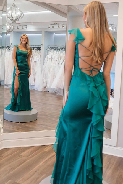 Wholesale Emerald Green Evening Dress Square Neck Ruffle Slit Prom Dress