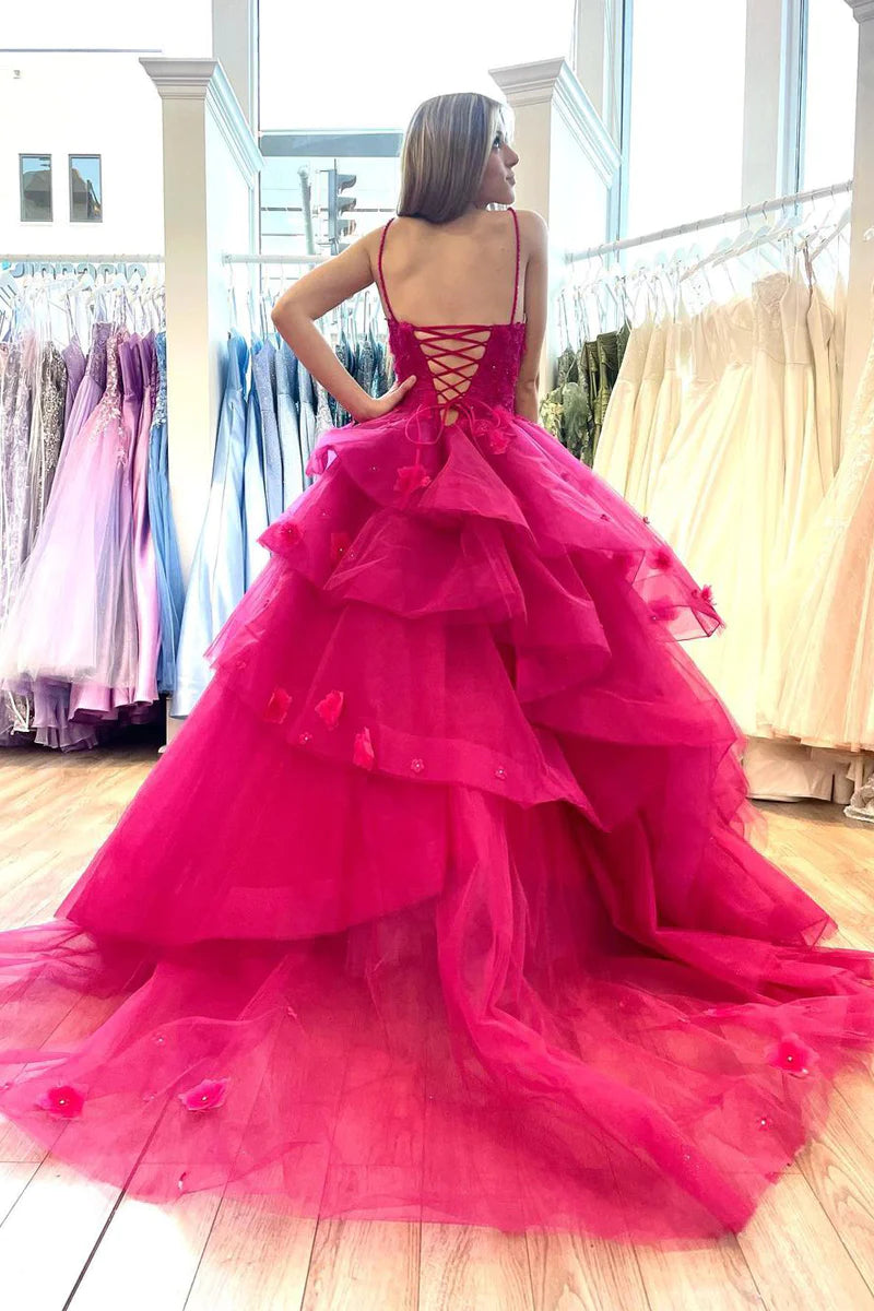 Wholesa Hot Pink Sweetheart Tiered Tulle Long Prom Dresses with Appliques