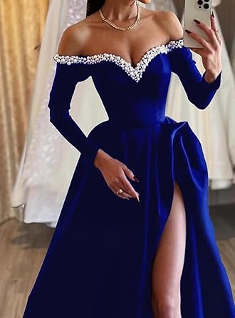 Wholesale A-Line Sexy Evening Dress Formal Prom Dress Sweep/Brush Train Long Sleeve Off Shoulder Satin with Pearls Slit