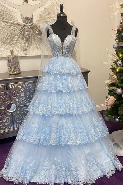 Wholesa Light Blue Tulle Appliques Tying Strap Ruffle Tiered Long Prom Dress