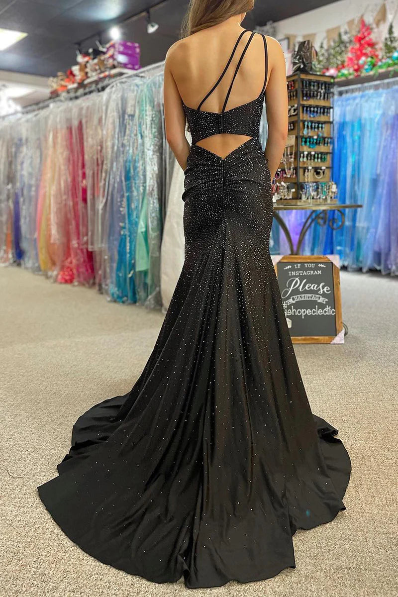 Wholesa Black One Shoulder Beaded Mermaid Long Prom Dresses