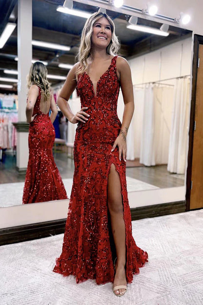 Aimishang Mermaid Evening Dress V Neck Sequined Lace Prom Dress with Slit