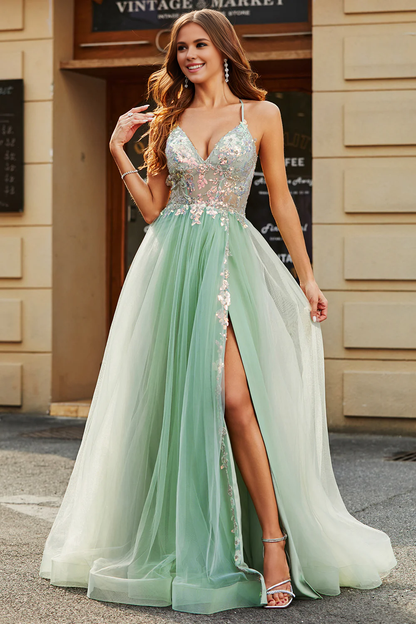 Wholesale A-Line V Neck Prom Dress Floor-Length Beaded Tulle with Slit