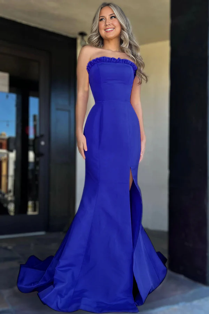 Wholesale Strapless Evening Dress Maganta Ruffle Mermaid Slit Long Prom Dress