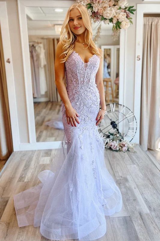 Wholesale Mermaid Graduation Dresses V neck Lace Glitter Tulle Prom Dress