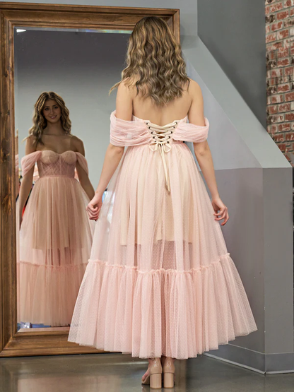 Wholesale A-Line Evening Dress Rose Pink Tulle Sweetheart Tea-Length Prom Dress