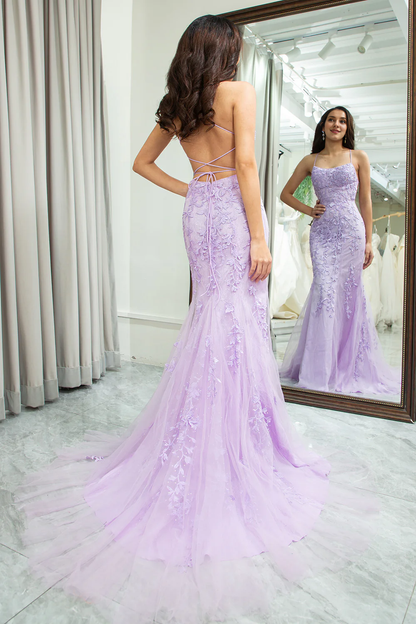 Wholesale Lilac Mermaid Evening Dress Spaghetti Straps Long Prom Dress with Appliques