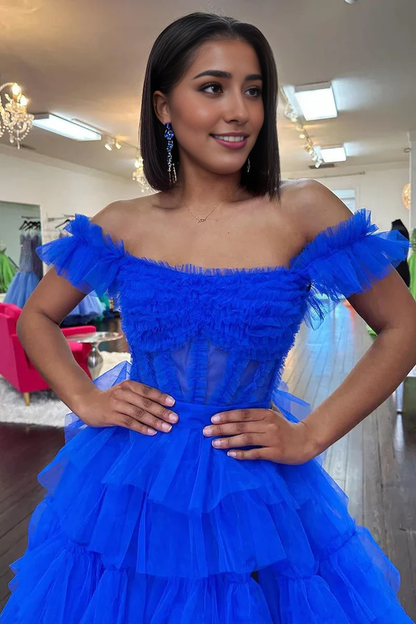 Wholesale Royal Blue Off the Shoulder Evening Dress Ruffle Tiered Tulle Long Prom Dresses with Slit