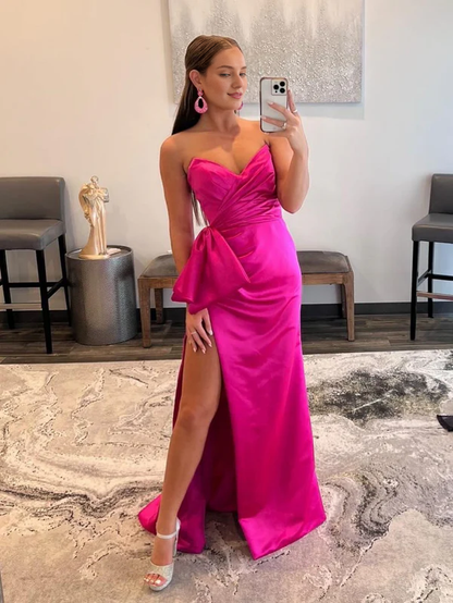 Wholesale Mermaid Evening Dress Strapless Long Satin Prom Dress with bow tie