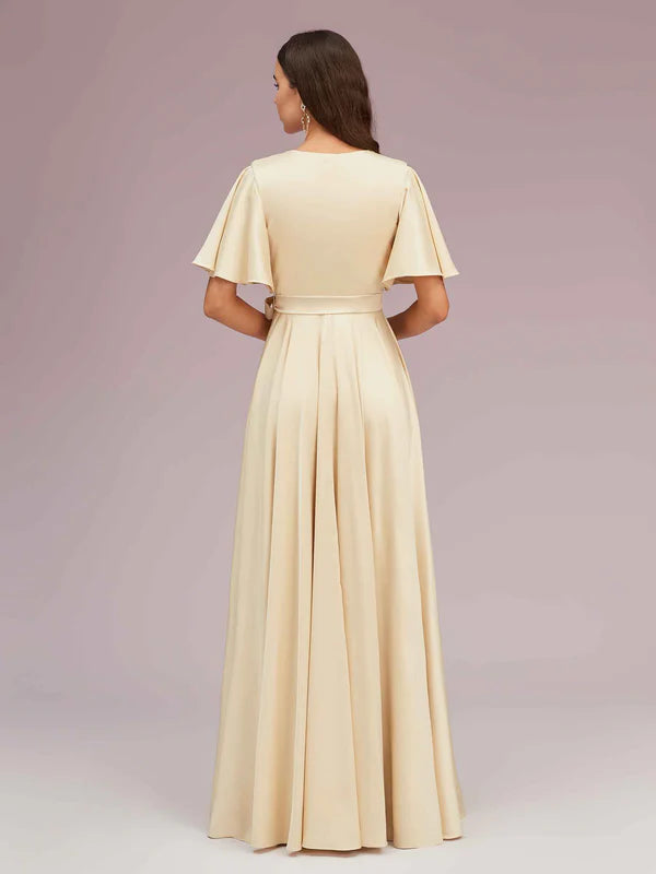 Wholesale A-Line V-Neck Short Sleeves Bridesmaid Dresses With Slit