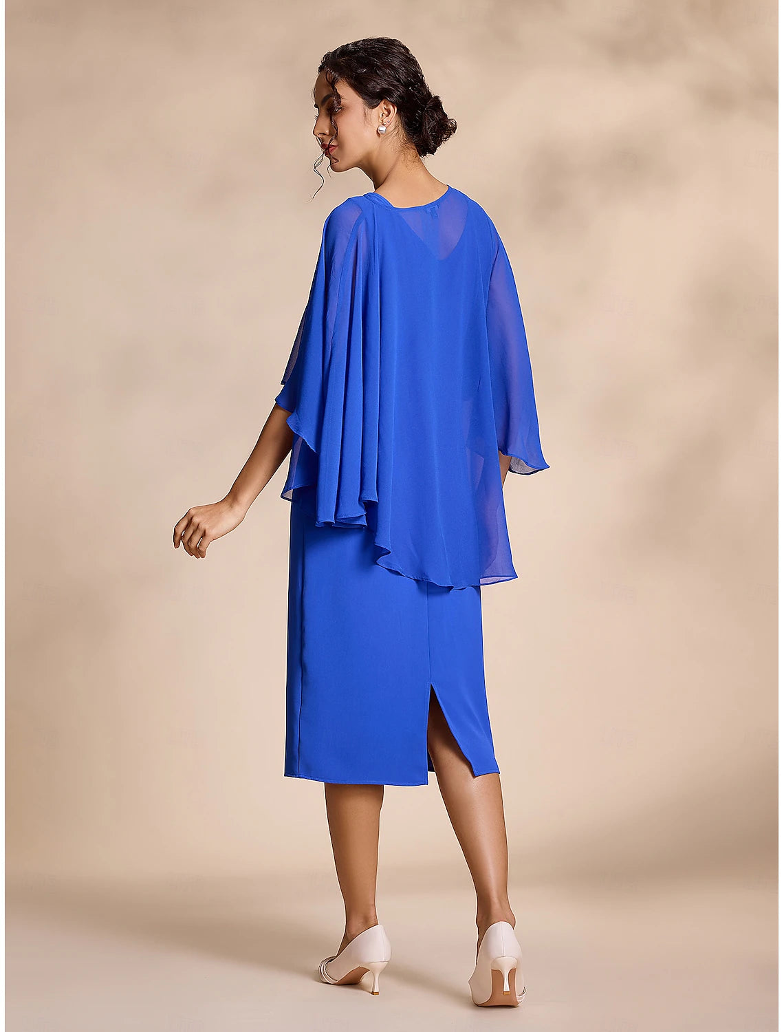 Wholesale Elegant Blue Chiffon Causal Round Sleeve 2 Piece Midi Mother of the Bride Dress