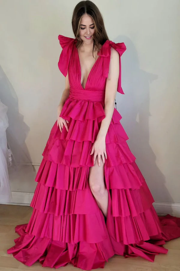 Wholesale Plunging Prom Dresses V-Neck Evening Dress Fuchsia Bow Straps Ruffle Ball Gown