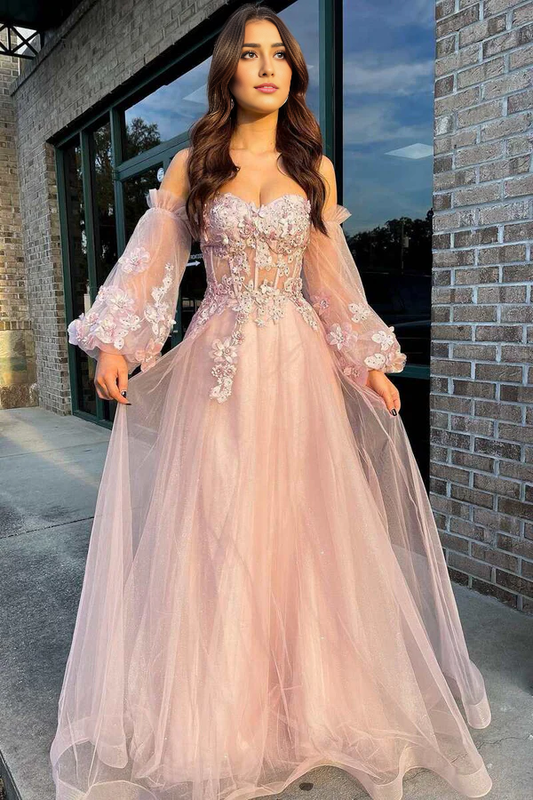 Wholesale Pink Tulle Evening Dress Strapless A-Line Prom Dress with Balloon Sleeves