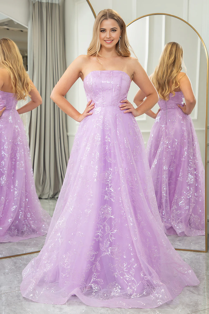 Wholesale Sparkly Lilac Long Prom Dress A Line Strapless Sequin Evening Dress