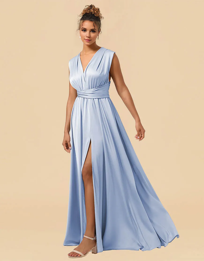 Wholesale Bridesmaid Dress Convertible Satin A-line Floor Length With Split