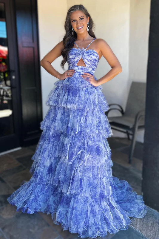 Wholesale Blue Print Halter Keyhole Ruffle Tiered Long Prom Dress