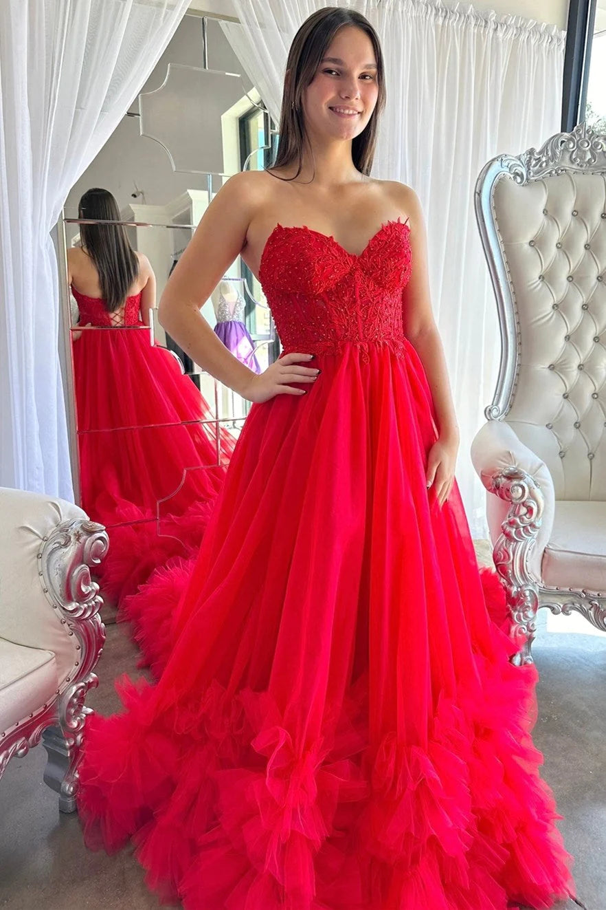 Wholesa Red Tulle Appliques Sweetheart Ruffle Long Prom Dress