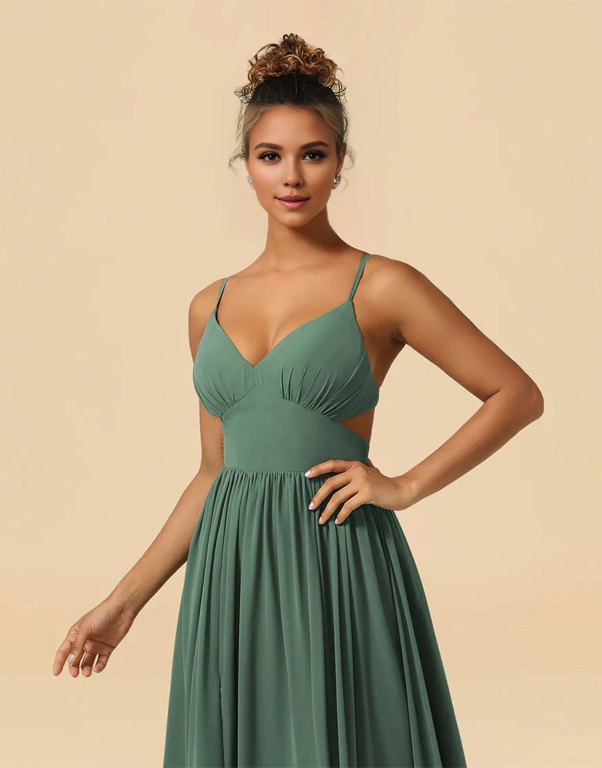 Wholesale A-Line Bridesmaid Dress Spaghetti Straps Floor Length Chiffon with Split