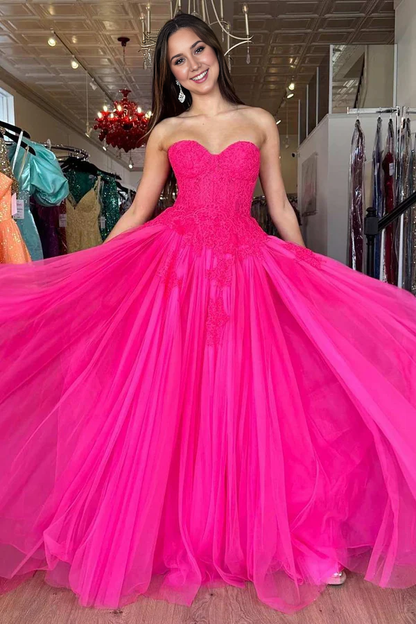 Wholesale A-Line Graduation Dresses Hot Pink Tulle Lace StraplessLong Prom Dress