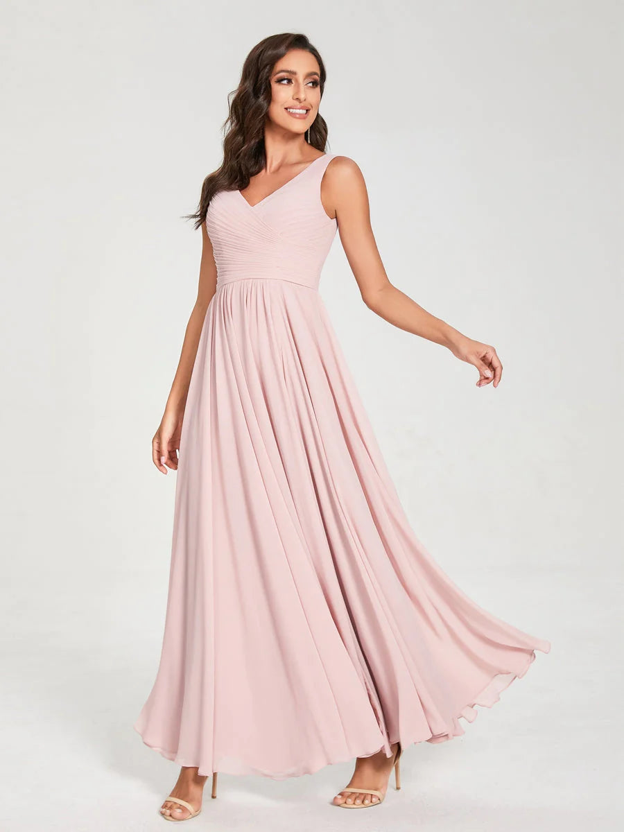 Wholesa A-Line/Princess Chiffon V-Neck Sleeveless With Pleats Floor-Length Lace Up Bridesmaid Dresses