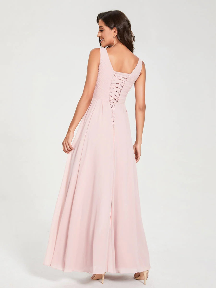 Wholesa A-Line/Princess Chiffon V-Neck Sleeveless With Pleats Floor-Length Lace Up Bridesmaid Dresses