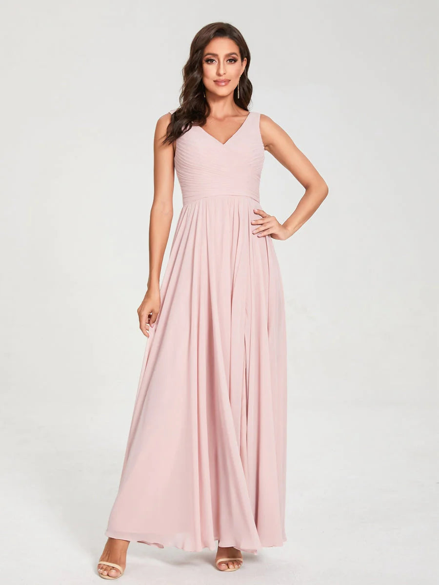 Wholesa A-Line/Princess Chiffon V-Neck Sleeveless With Pleats Floor-Length Lace Up Bridesmaid Dresses