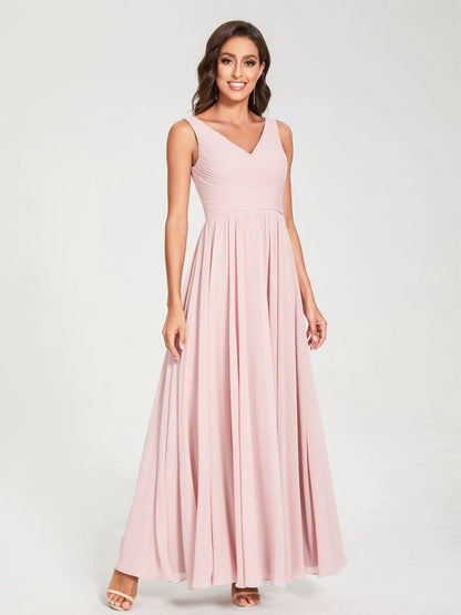 Wholesa A-Line/Princess Chiffon V-Neck Sleeveless With Pleats Floor-Length Lace Up Bridesmaid Dresses