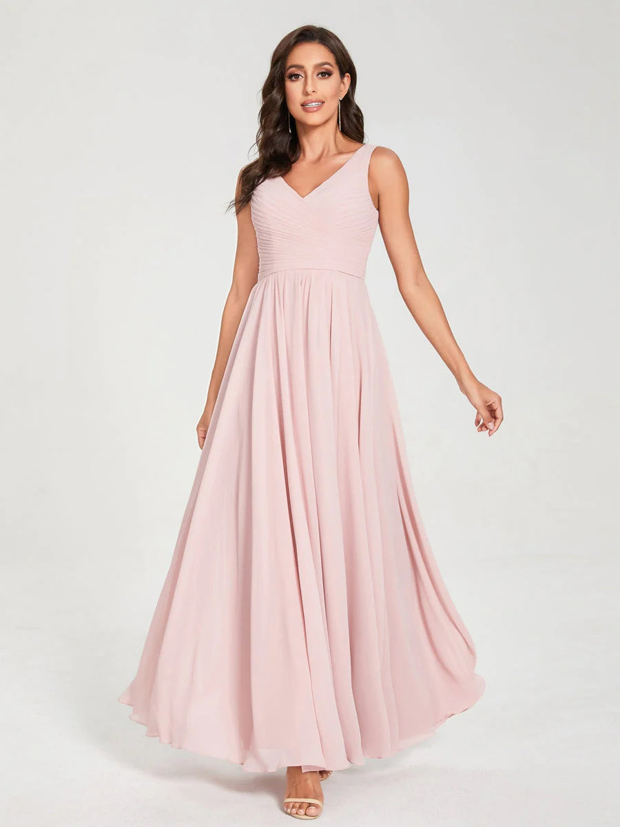 Wholesa A-Line/Princess Chiffon V-Neck Sleeveless With Pleats Floor-Length Lace Up Bridesmaid Dresses